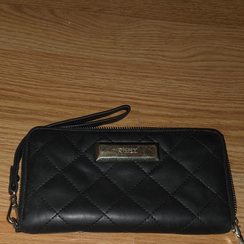 DKNY black quilted leather wristlet goldtone